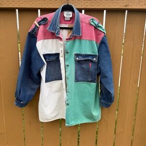Together! Vintage 90s Colorblock Denim Jacket Women 1X Multi Color Button Front